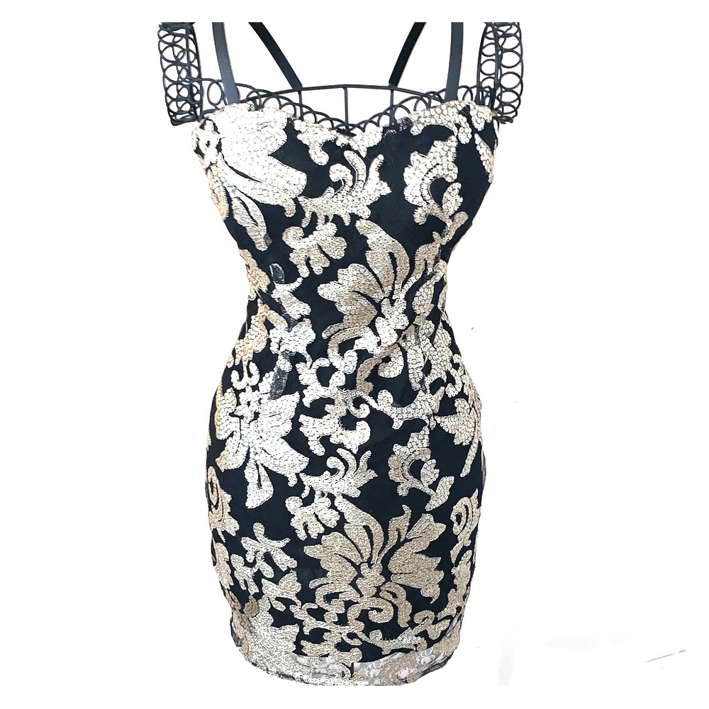 Strapless Black and Gold Sequined Cocktail Dress
